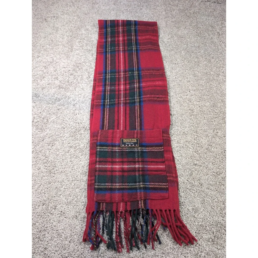 Patrick King Woollen Company Red Tartan Plaid Deluxe Wool Scarf Pocket‎ Fringe